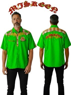 Miskeen Original RARE Shirt Mens Green Plaid Shoulder Embroidery Graphic 4XL NEW